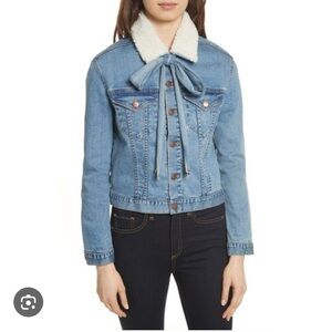 Veronica Beard Stevie denim jacket. Removable necktie, shearling collar, lining.